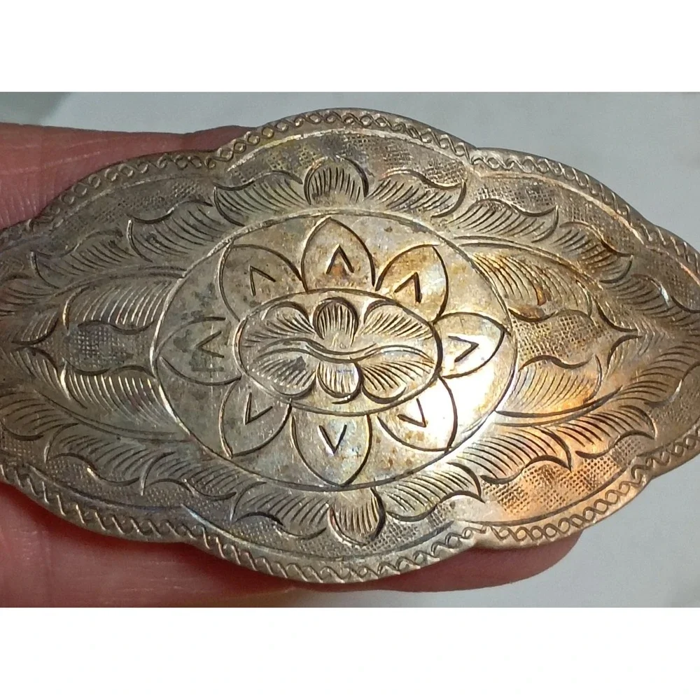 Vintage Barrette Etched Carved Copper Brass Hair Clasp Pic Color Off Bad Light